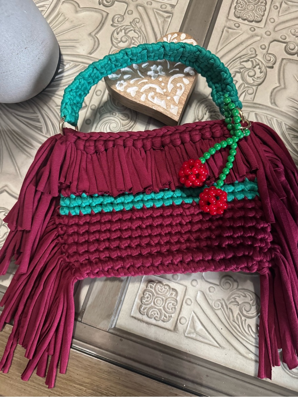 Bonita Bolsa Handwoven Burgundy Fringe Bag with Teal by Yvonne